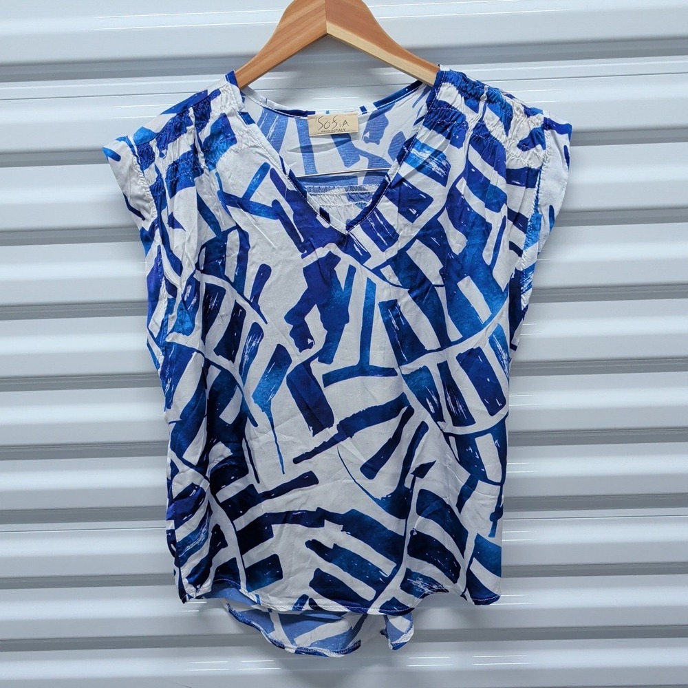Sofia Made in Italy Blouse XL‎ Womens Blue White Abstract Cap Sleeve V-Neck Top